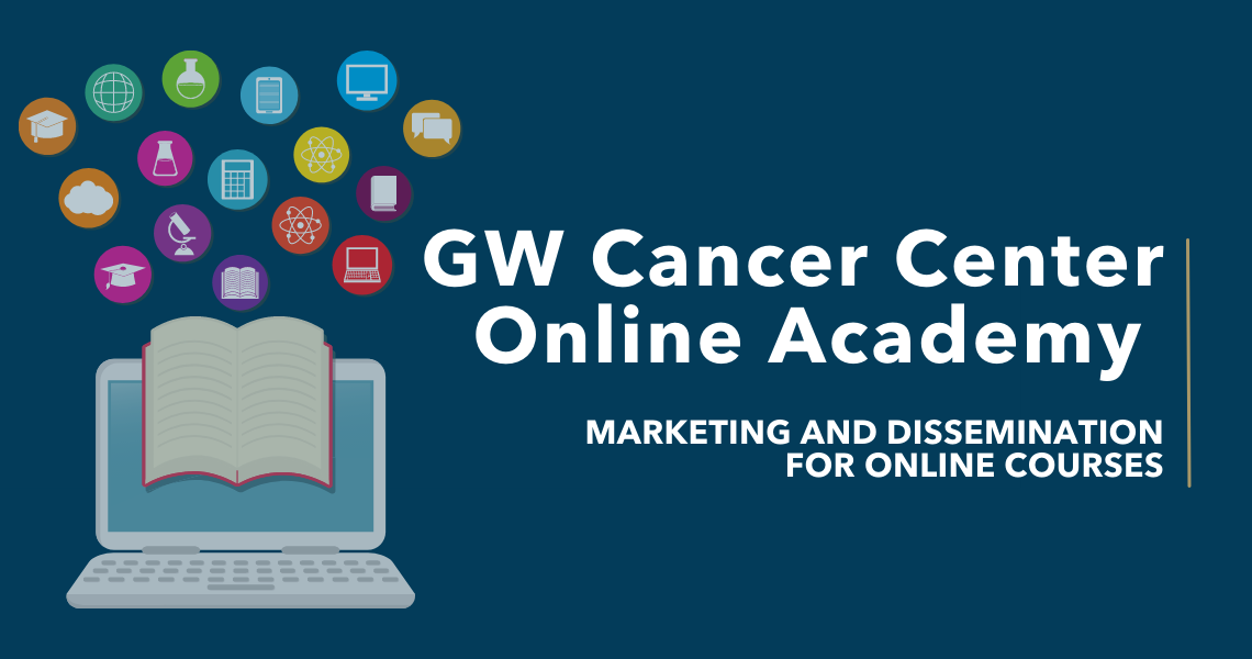 Image of computer overlaid with texbook and icons of various learning subjects floating above. Text next to the image reads GW Cancer Center Online Academy, Marketing and Dissemination for Online Courses
