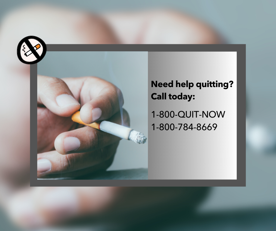 Image of hand holding a cigarette with text displaying information for a quit smoking hotline: 1-800-QUIT-NOW