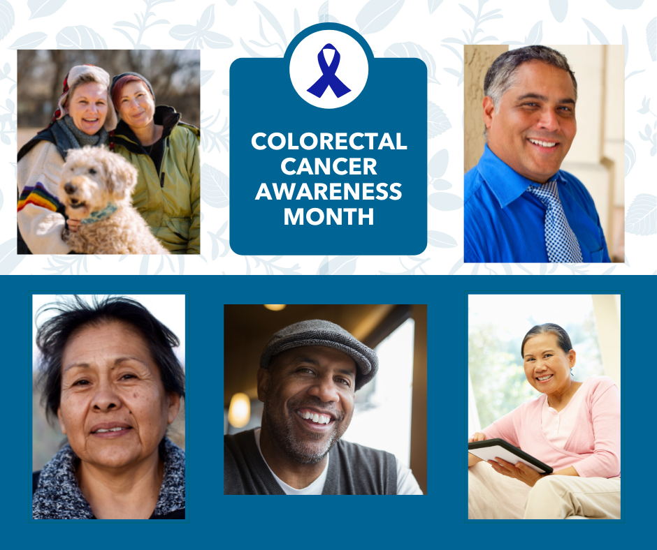 Image of different people of color surrounding colorectal cancer awareness month title