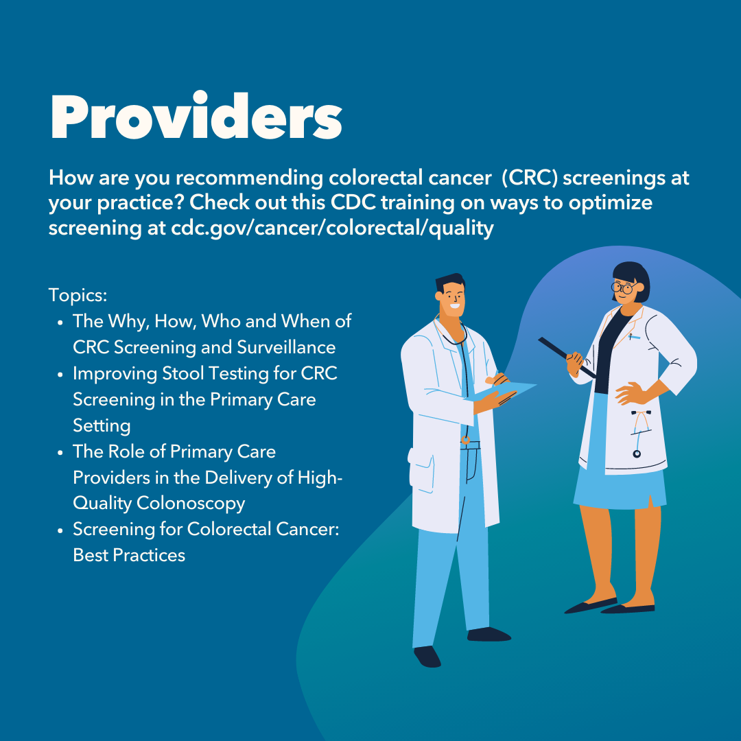 Image of two providers, with text sharing information on CDC training on recommending colorectal cancer screenings. 