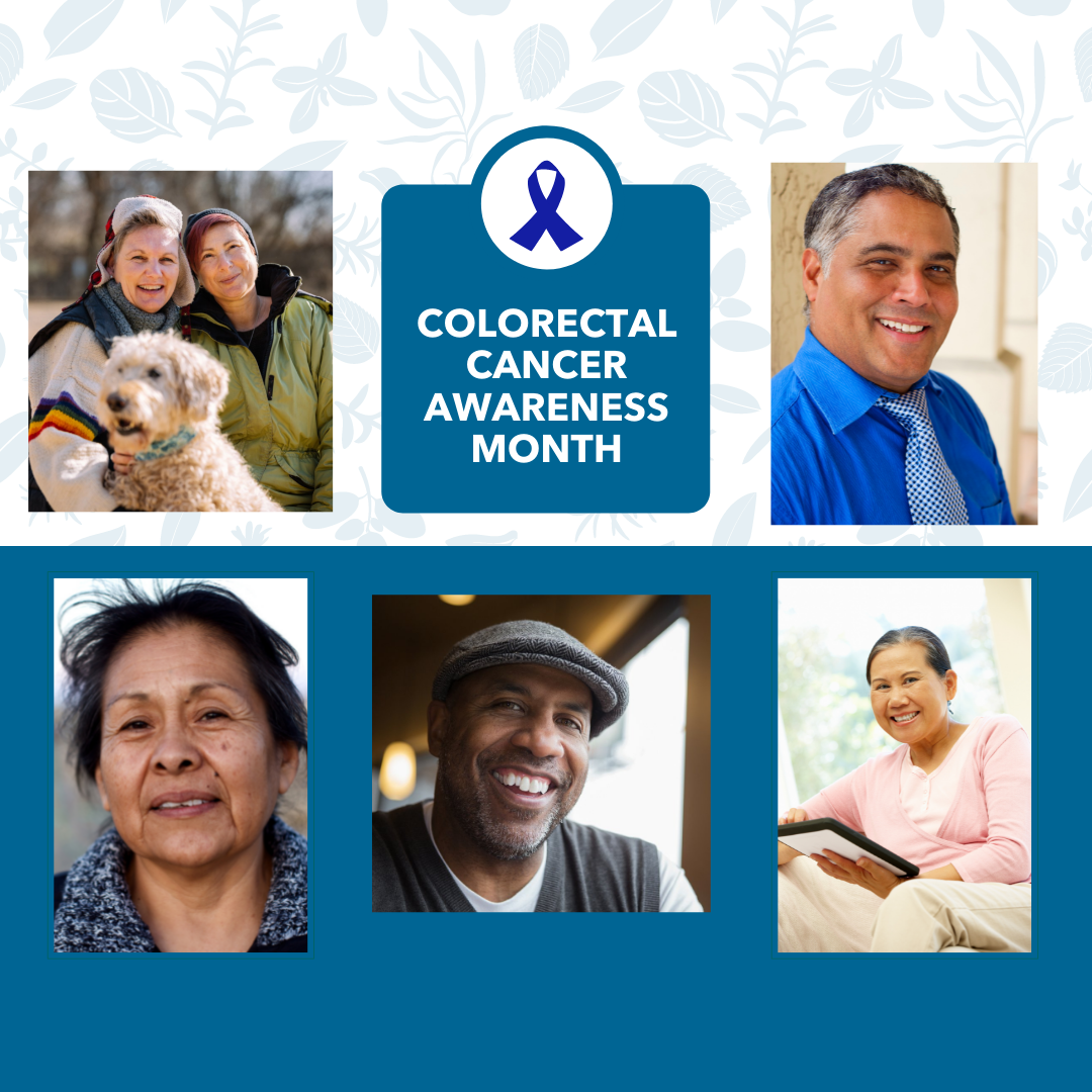 Pictures of people of color surrounding text box stating colorectal cancer awareness month