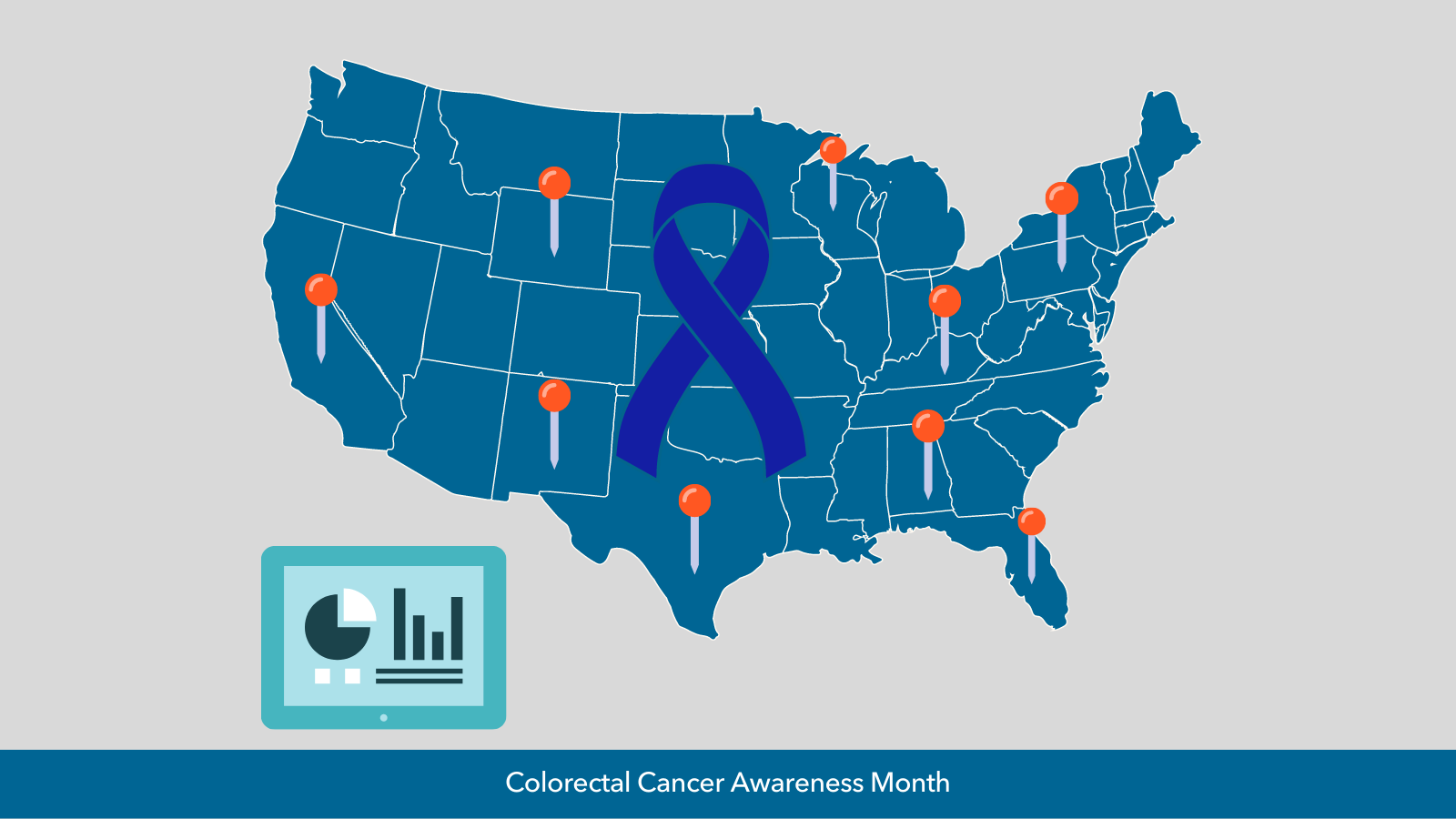 Image of map with different pin points with overlay image of colorectal cancer ribbon and image of data
