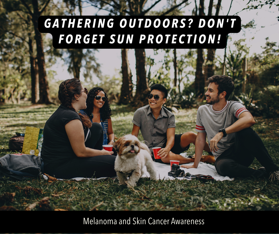 Image of group of friends having a picnic outdoors. Text reads: Gathering outdoors? Don't forget sun protection!