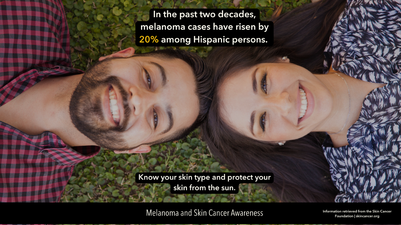 Image of Hispanic man and woman laying down on grass smiling up. Text reads: In the past two decades, melanoma cases have risen by 20% among Hispanic persons. Know your skin type and protect your skin from the sun. 